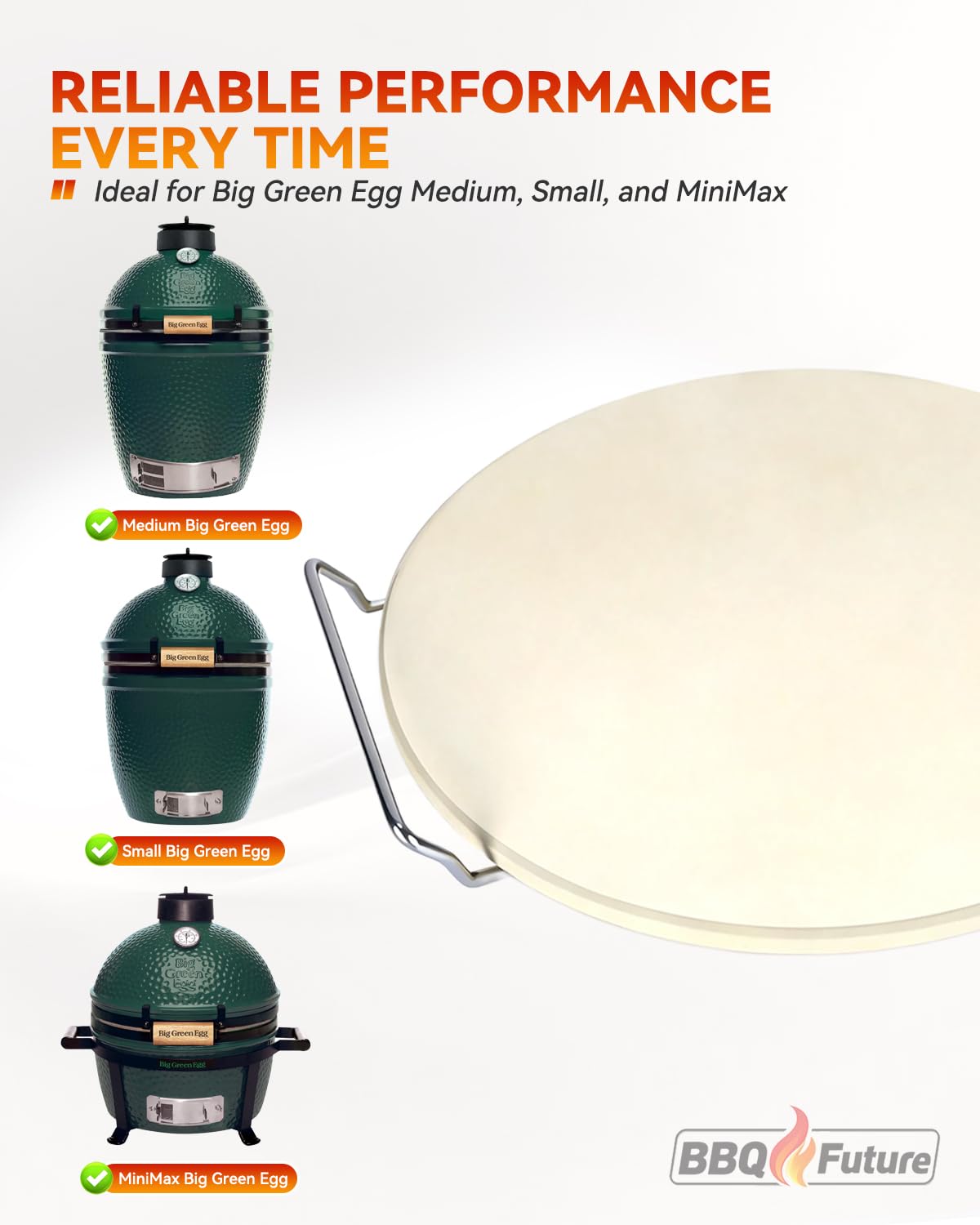 BBQ Future 30,5 cm Pizza Backstein für Big Green Egg Medium/Small/MiniMax & Kamado Grill - Keramik Pizzastein mit Edelstahldrahtrahmen & Kunststoffschaber, Hitzeschild für Outdoor Kochen