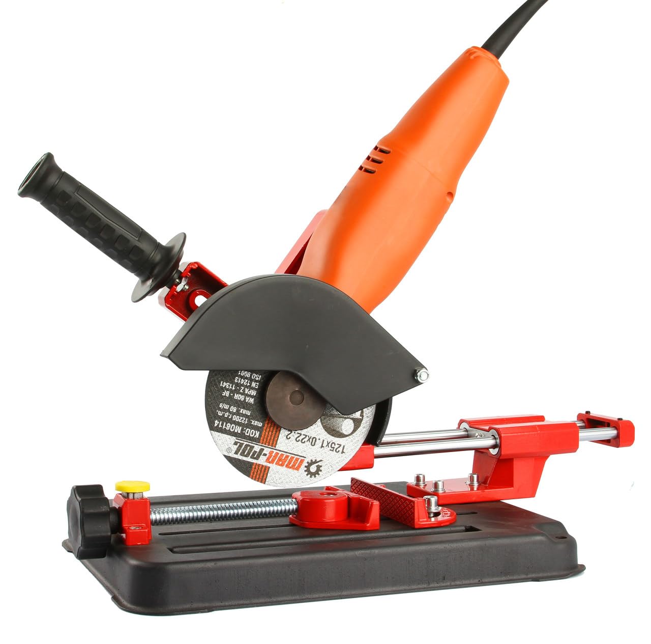 Supporto per Smerigliatrice Angolare | Diametro Disco 115 e 125 mm | Angolo taglio 0-45° | Distanza Regolabile tra Morsetti | Protezione Contro Scintille | per Smerigliatrici Elettriche e a Batteria