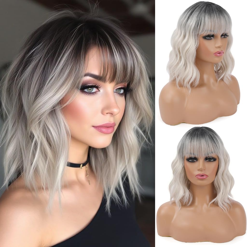 silver wig with Bangs Short Wavy Wigs for Women Ombre Silver Curly Shoulder Length Bob Wig Synthetic fiber Wigs for Cosplay Daily Party Use (14 Inch)