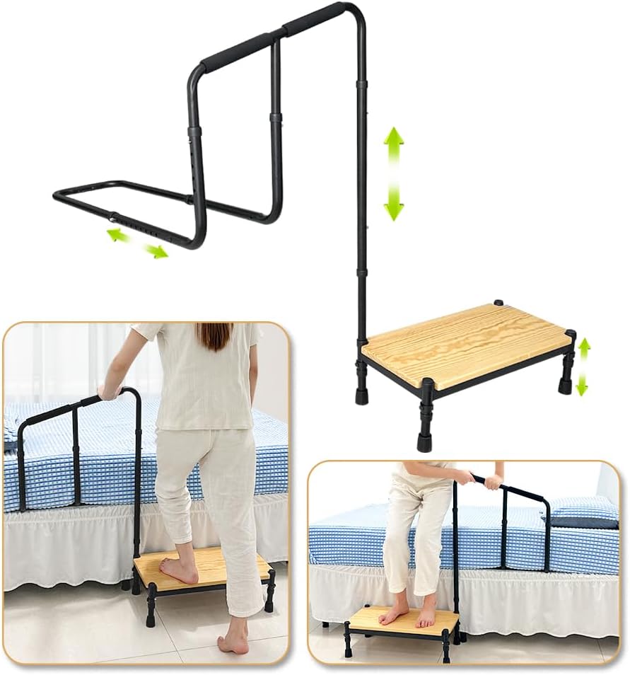 Bed Step Stool with Handle Rail for High Beds for Adults Elderly Medical Stepping Stools Bed Side Assist Handrail Handicap Bariatric Safety Wide Platform Adjustable Bar Guard 400 Lbs