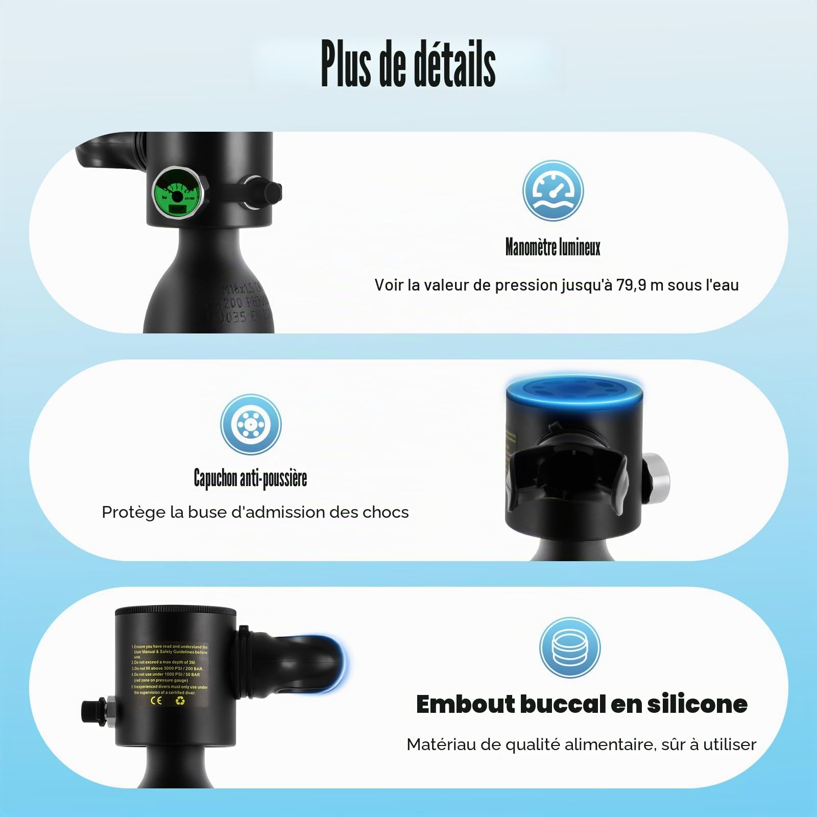 Mini Bouteille de Plongée Bouteille d'oxygène 0.5 L pour la Plongée Réservoir d'oxygène équipement de Plongée Portable pour Les Exercices de Plongée ou comme Bouteille de Rechange sous