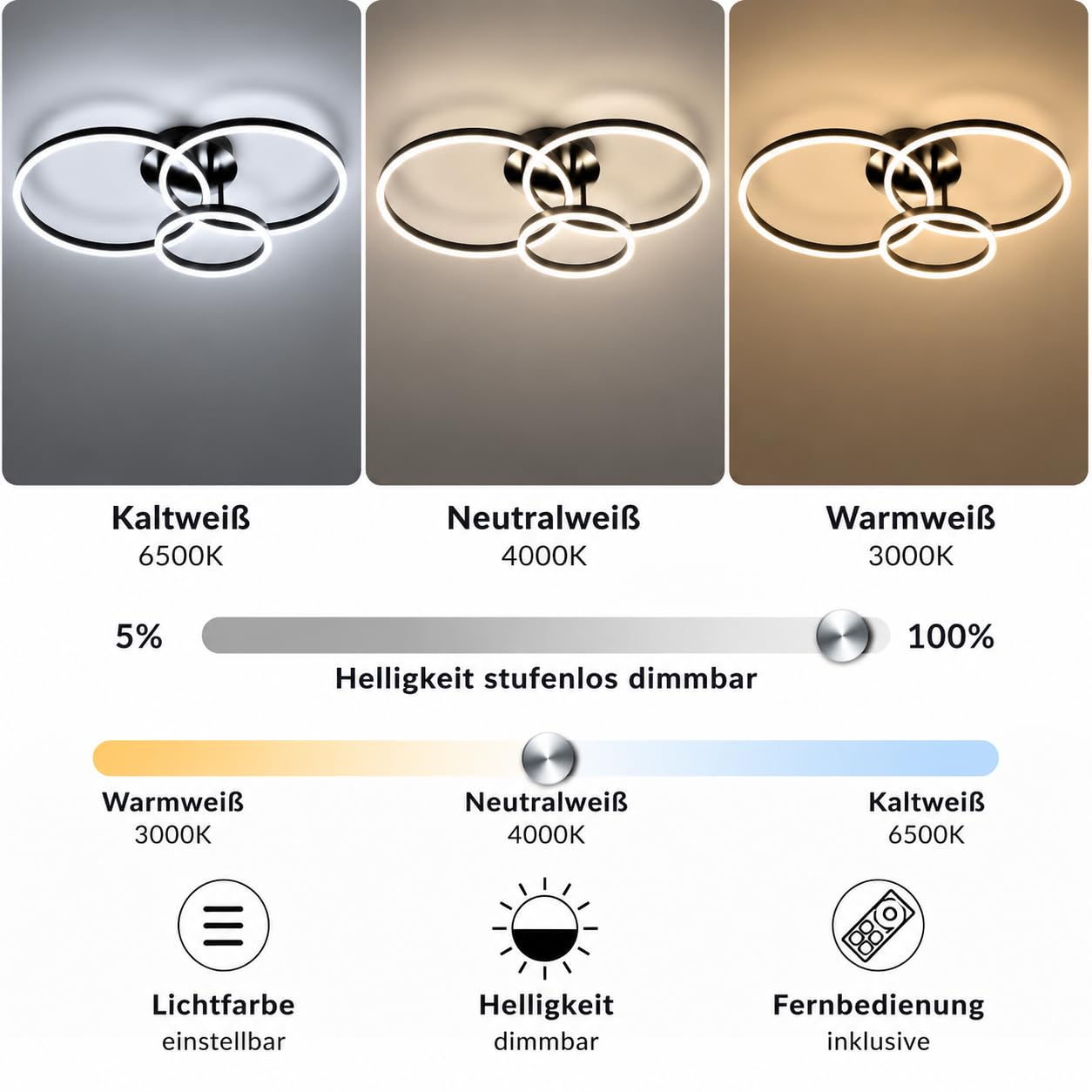 ZMH Deckenleuchte Wohnzimmer Deckenlampe LED 82 CM Wohnzimmerlampe Schwarz | 74W Schlafzimmerlampe dimmbar mit Fernbedienung innen Deckenbeleuchtung 3 Ring Modern Design für Schlafzimmer Küche Büro
