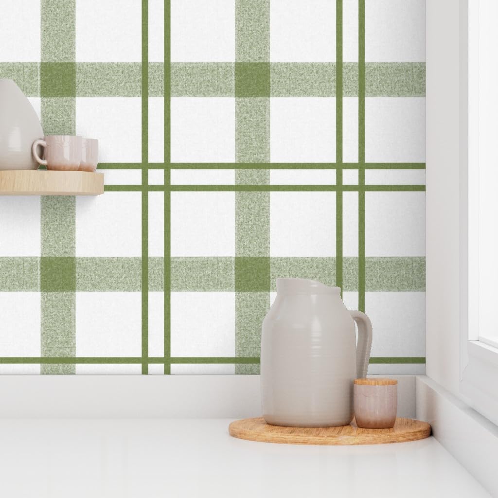 Peel & Stick Wallpaper 3ft x 2ft - Avocado Green Plaid Olive Sage Green Rustic Stripe Check Tartan Custom Removable Wallpaper by Spoonflower