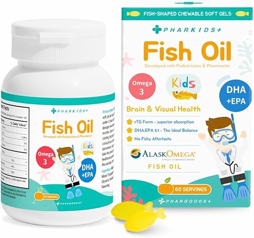 Aceite de pescado para niños  272 mg Omega-3 DHA y EPA para el cerebro, la visión y el apoyo inmunológico  Geles suaves en forma de pescado sabor