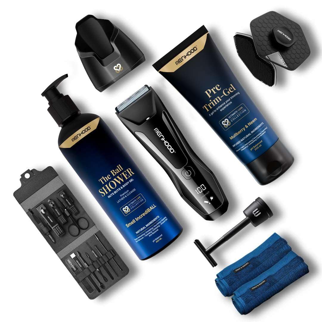 Menhood Essential Package 2.0 Includes - Menhood Grooming Trimmer 2.0, Pre-Trim Gel, Ball Shower Gel (Body Wash), The Sowrd (Razor), Man-Cure Kit, Scoob, Ball Towel | Intimate Hygiene Kit