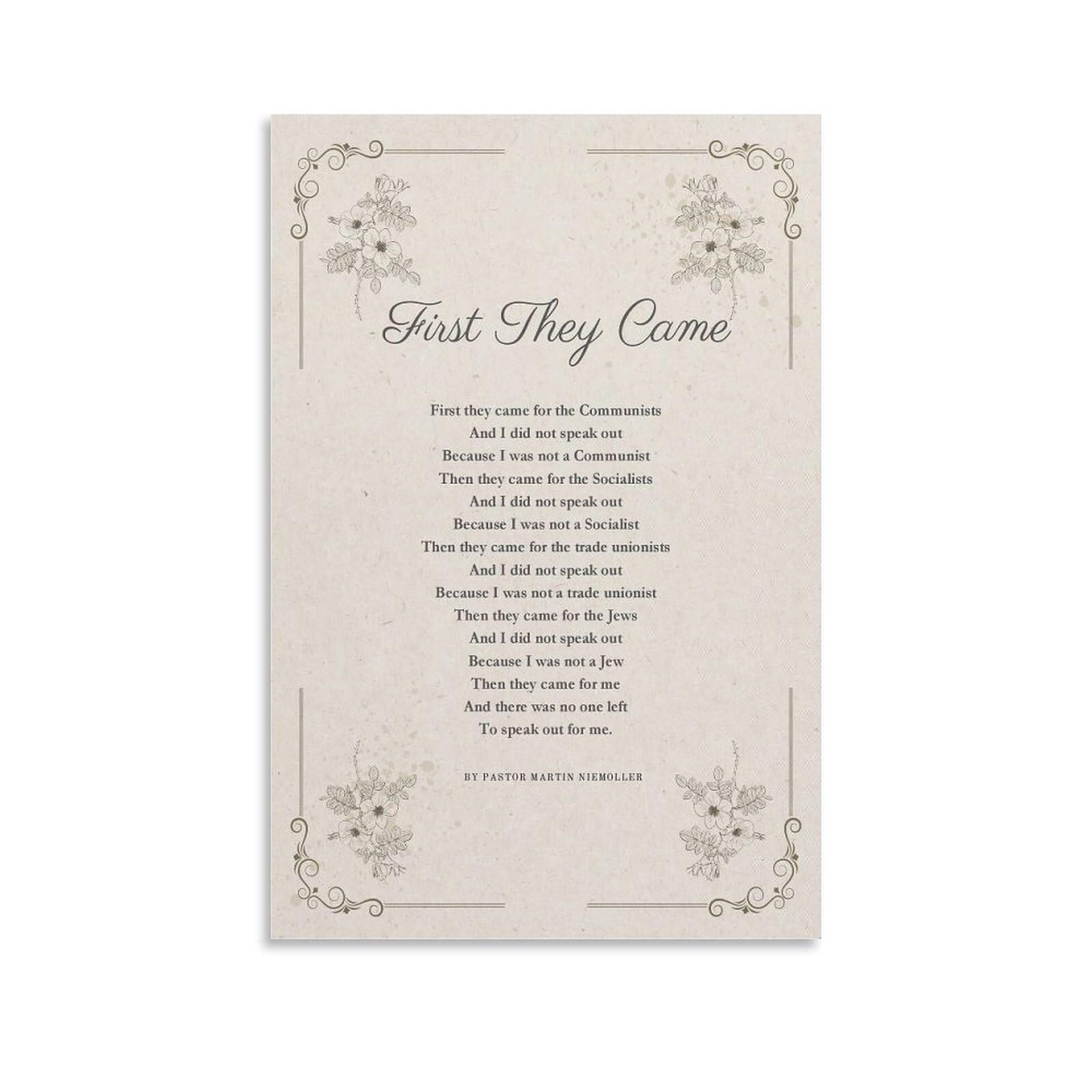 MDBJTCYZN Martin Niemoller Poem Poster - First They Came Holocaust Memorial Quote, Educational Historical Wall-Art for Classroom Study Office(Framed,12x18inch(30x45cm))