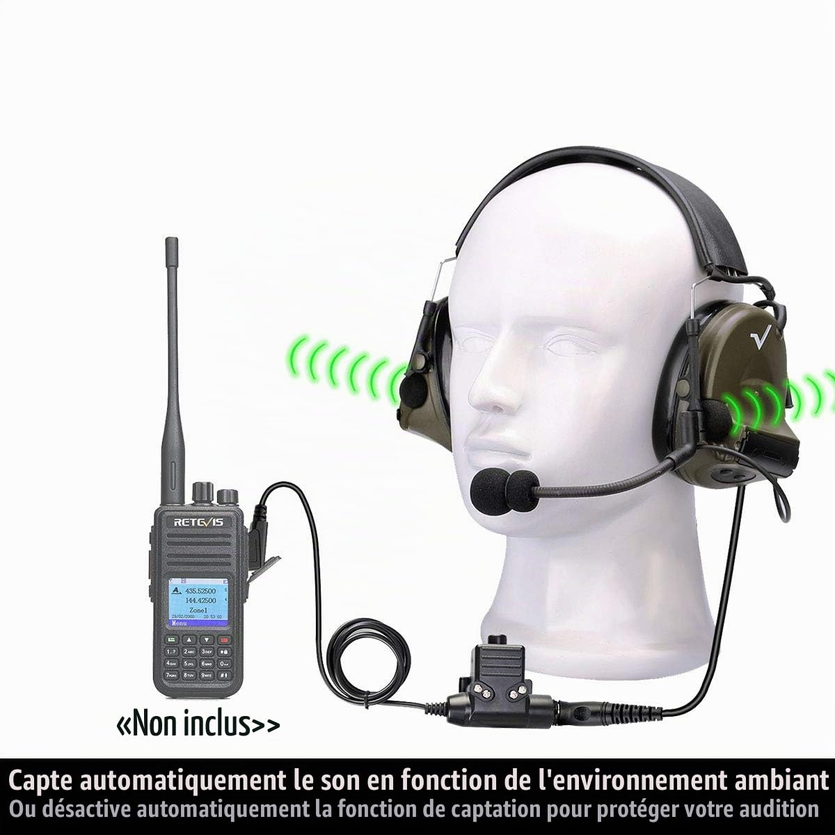 Retevis EHK007 Casque Tactique Airsoft, IPX4, Électronique, Réduction du Bruit de 28 DB, Écouteurs Protègent l'Audition pour Motorola Jack à 2 Pin pour Airsoft CS Exercises (M Prise)