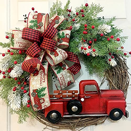 Uposao Red Truck Christmas Wreath for Front Door Decor Rustic Natural Rattan Wreath with Buffalo Plaid Bowknot and Red Berry - Image 2