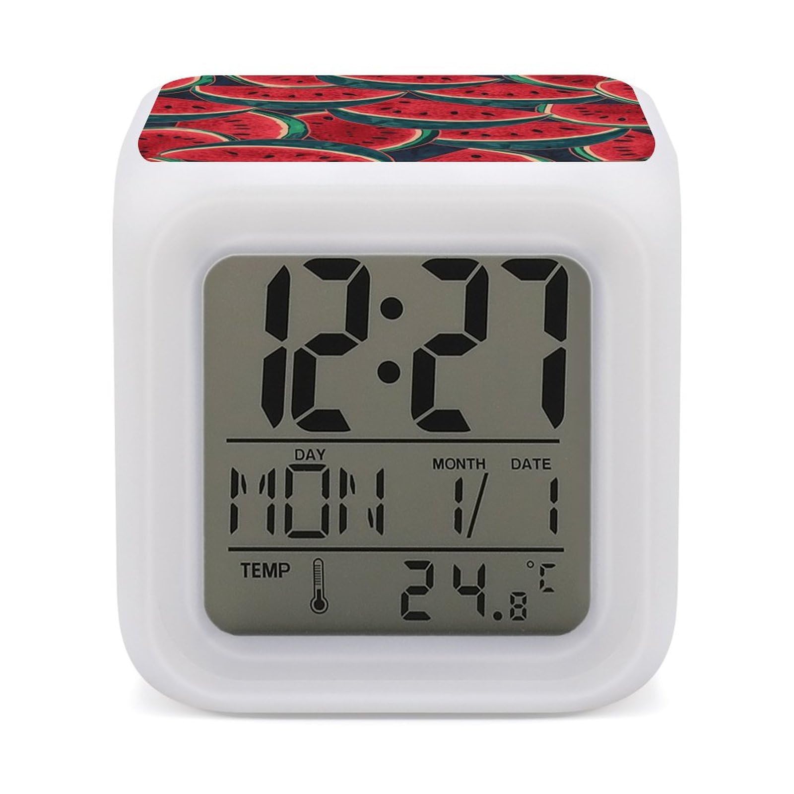 FekiLoot Red Watermelon Alarm Clock for Heavy Sleepers Small Digital Alarm Clock with Date Temperature Wake Up Digital Clocks with 7 Colors Changing Desk Clocks for Bedroom Bedside Nightstand