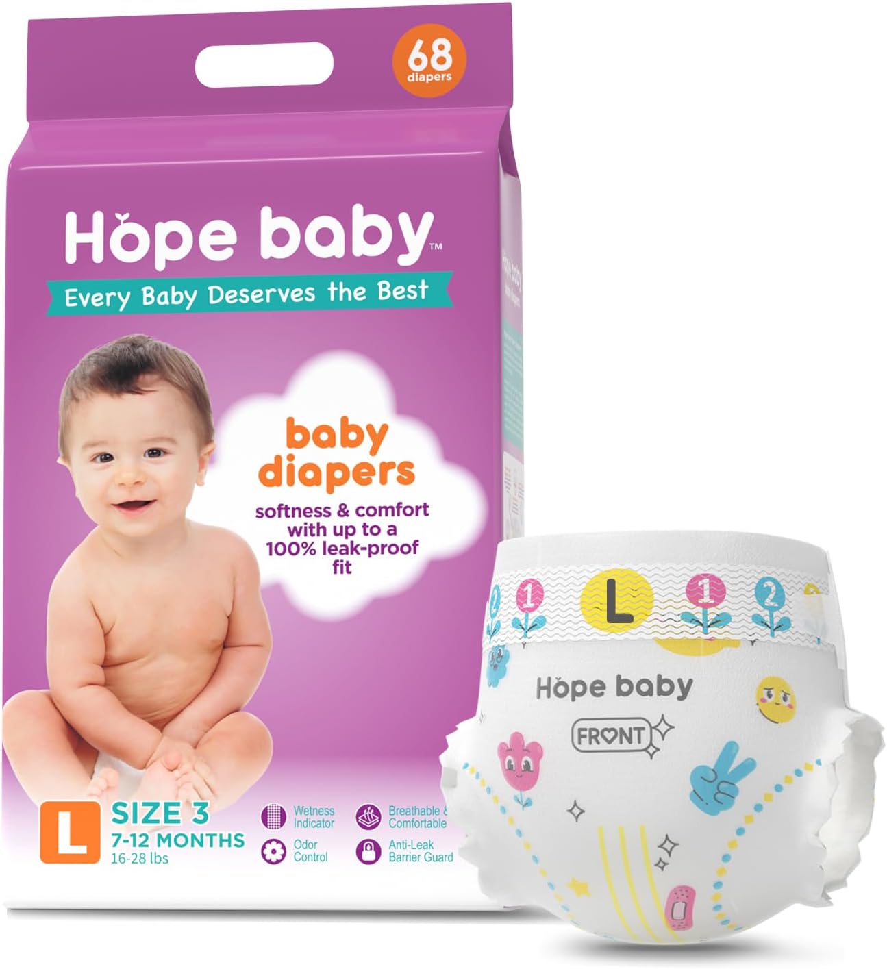 Diapers Size 3(16-28 LBS) Disposable Diapers Newbron Baby Dry, 68 Count Unisex 360 Degree Fit, Hypoallergenic and Unscented Nightime Protection