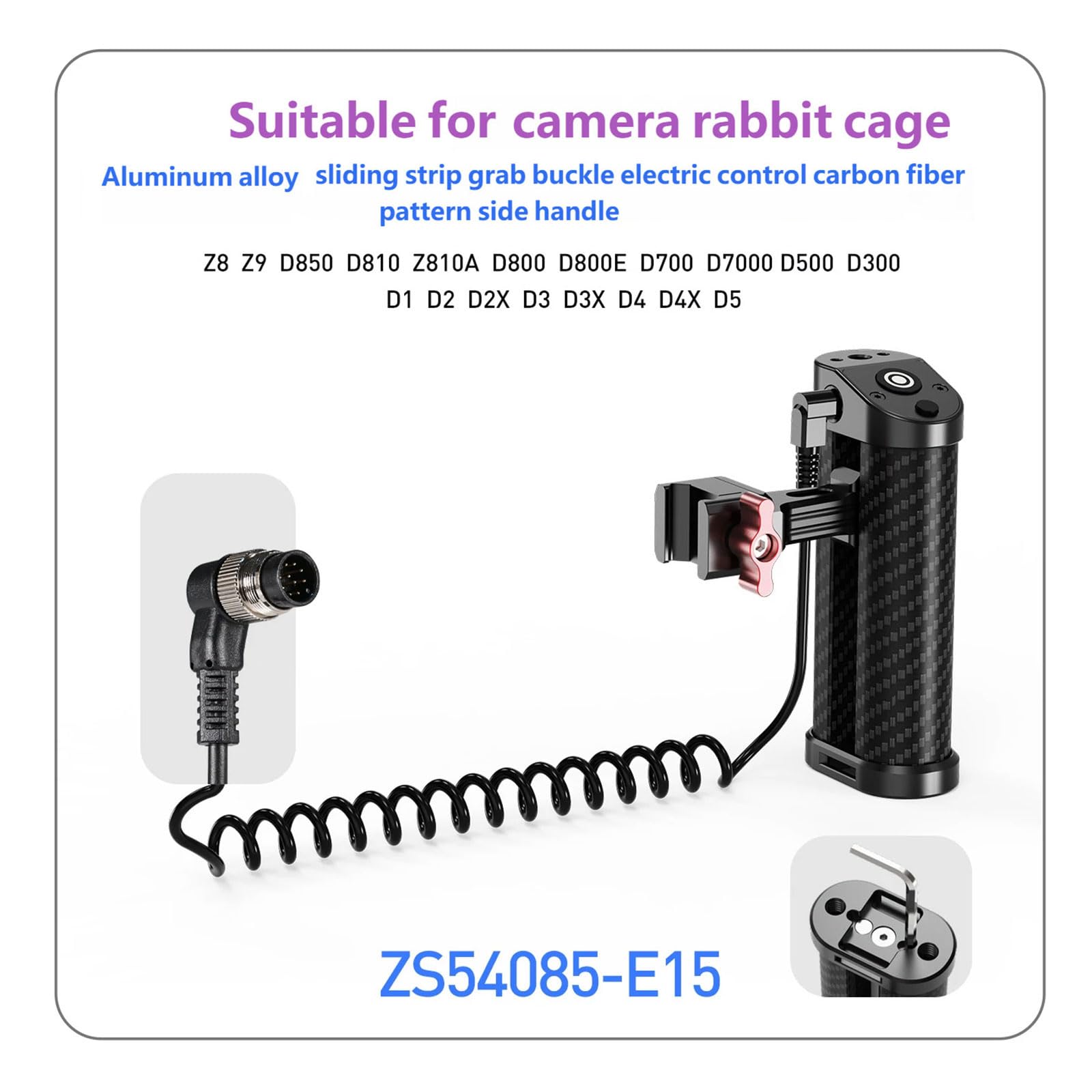 Manico laterale ergonomico DSLR, struttura in alluminio con sgancio rapido e cavo di scatto da 2,5 mm per impugnature stabili in lega di alluminio