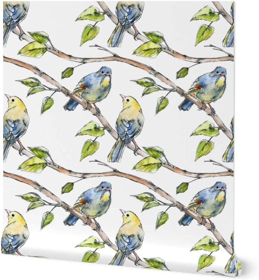 Peel & Stick Wallpaper 3ft x 2ft - Watercolor Birds Nature Bird Painting Happy Branch Green Yellow Bright Woodland Custom Removable Wallpaper by Spoonflower