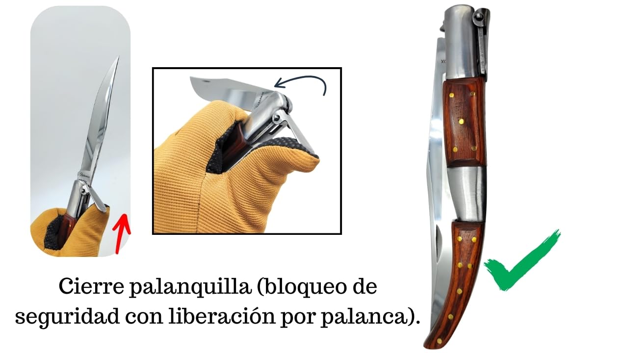 Pack navaja árabe con carraca 3Cr13MoV hoja espejo + monedero de piel 10,5×7 cm hecho en España + pulsera hierros taurinos (Roja)