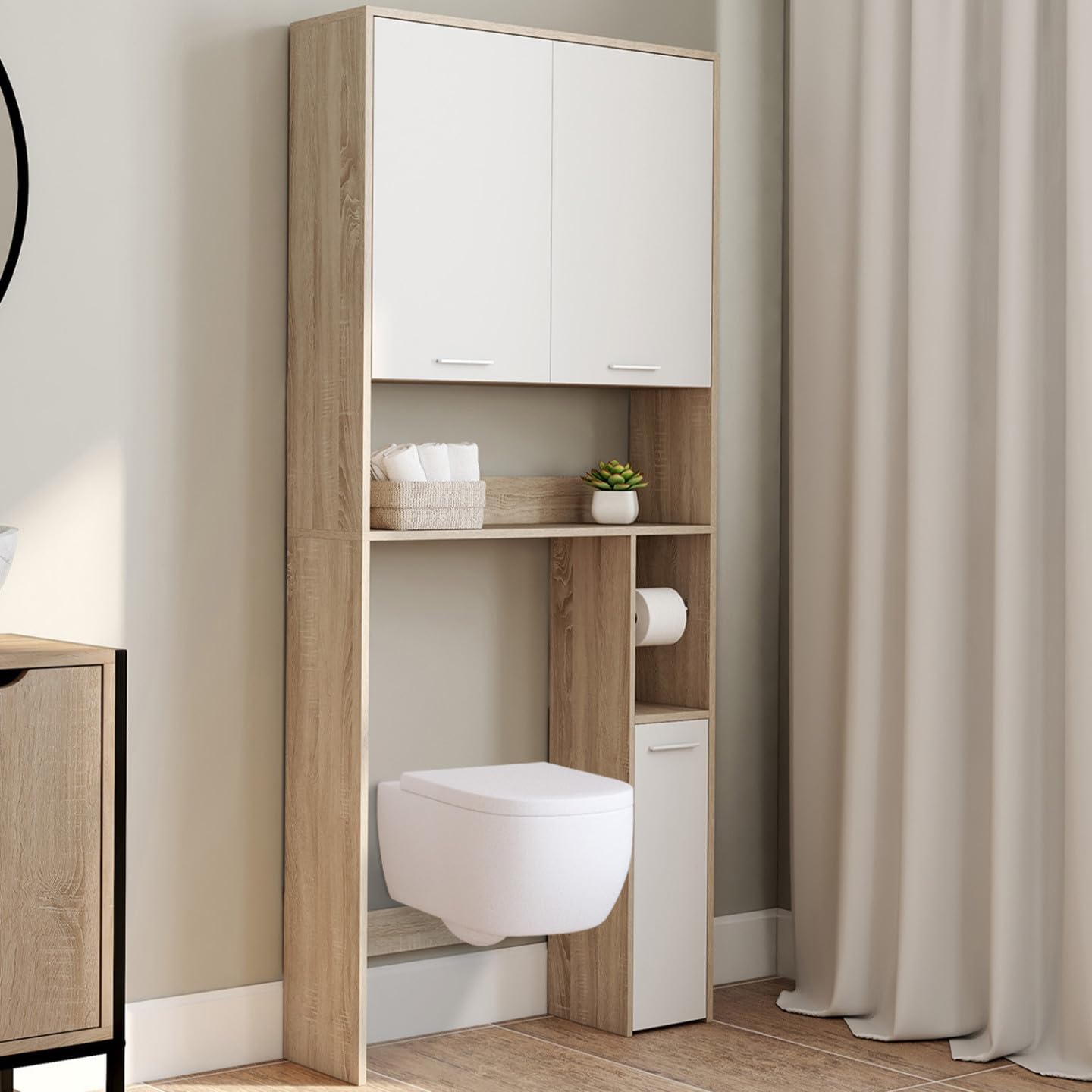 IDMarket WALLIS – Mueble estante superior para inodoro de madera de haya y blanco