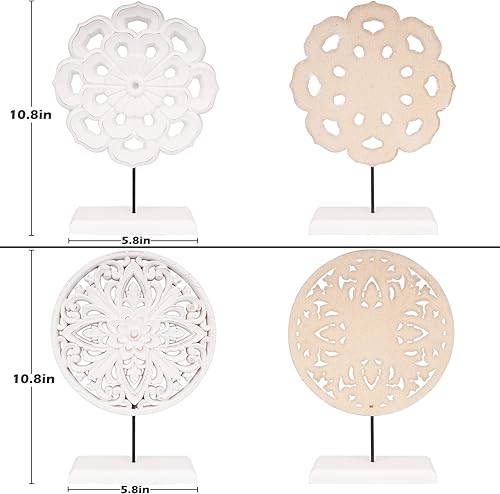 Miniatura 2 de AXEARTE Paquete de 2 esculturas de medallón de flores talladas de madera, estatuas rústicas de MDF blancas envejecidas, decoración de mesa para el