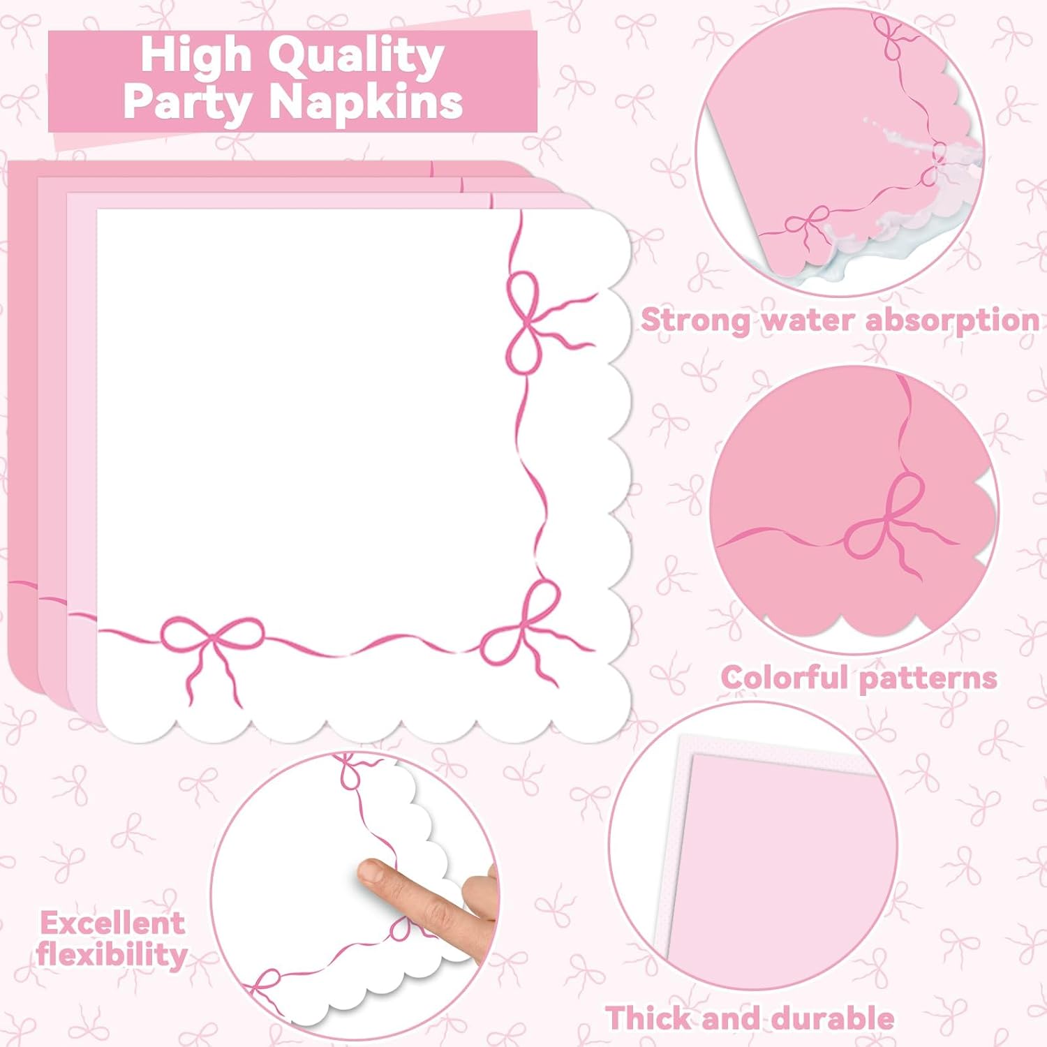 96pcs Pink Bow Party Supplies Bow Scalloped Paper Plates and Napkins Pink Bowknot Party Decors for Girl Bachelorette Bridal Engagement Baby Shower Coquette Cute Tableware Dinnerware Serves 24 Guests - Image 4