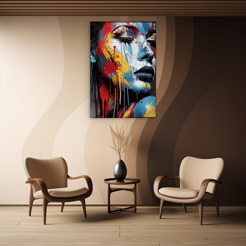 Canvas for Living room. Vibrant Fusion: A Young Woman's Paint-Adorned Gaze Captures Dynamic Artistry, 27 x 18 inch Canvas Wall Art - Contemporary Masterpieces - Modern Home Decor