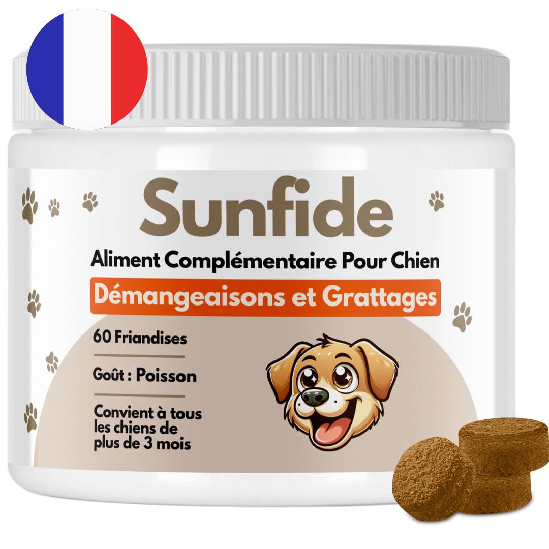 SUNFIDE - Démangeaisons - Complément Alimentaire pour Chien - Contre Les Démangeaisons, Léchages - Oméga 3 - Probiotiques pour Chien - Contre Les Allergies (1 Boîte (60 Friandises au Poisson))