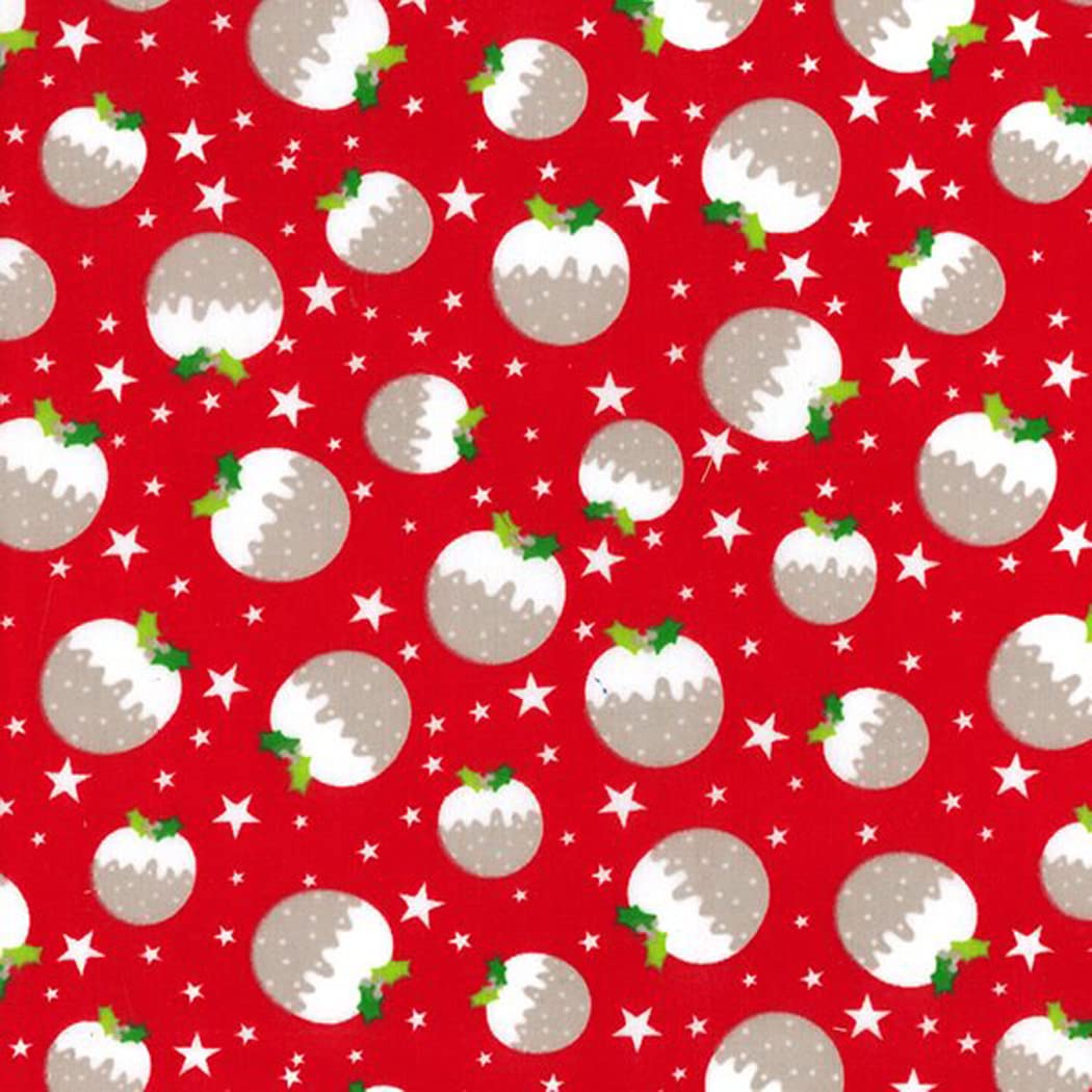 Christmas Fabric - Christmas Puddings on Red - Polycotton Xmas Craft Fabric Material Metre
