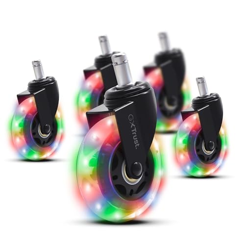 GXTrust Gel Rollen für Gaming-Stuhl, 5er Set Bürostuhlrollen mit LED-Leuchten, 11mm Leichtgängige und Leise Lenkrollen, Schreibtisch Stuhl, RGB-Farbwechsel