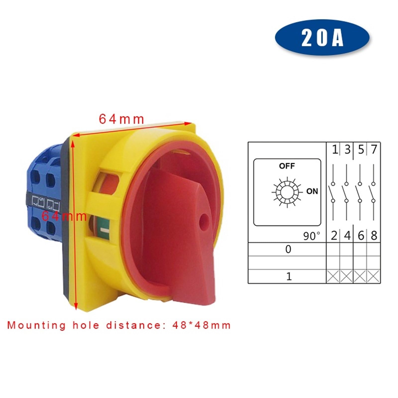 Interruttori di sezionamento OFF-ON a 4 poli da 20 A e 25 A LW26GS CA10 48x48 mm 64x64 mm Interruttore a camma rotante con lucchetto 1 pz(20A 64x64mm panel)