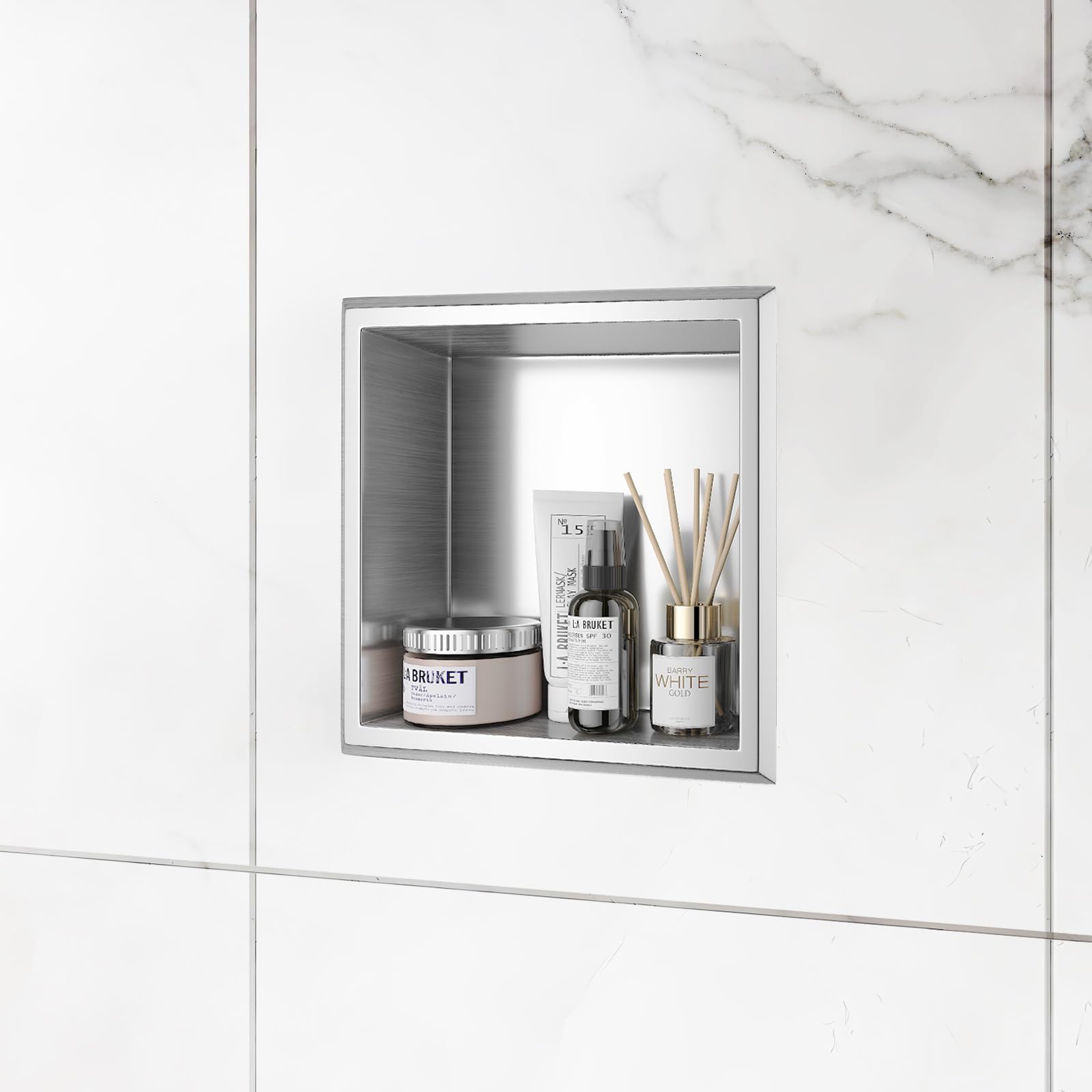 Agabok Shower Niche, 12" x 12" Bathroom Niche, Stainless Steel No Tile Needed Brushed Nickel Recessed Shower Shelf, Waterproof Wall Niches for Storage