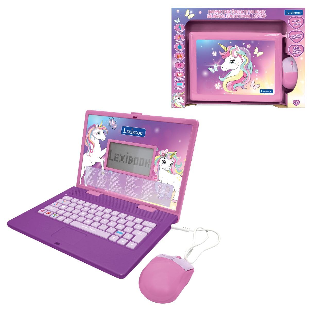 Lexibook, Unicorn Bilingual Educational Laptop, 164 Activities, English/French Learning, Maths, Logic, Music, Slim Design, Realistic Keyboard and Mouse, Pink/Purple, JC601UNIi1LXB