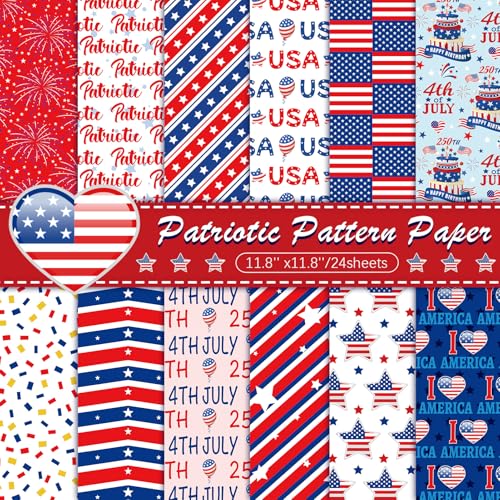 Konsait 24 Sheets Patriotic Double Sided Scrapbook Paper 12x12 Red White Blue 4th of July Pattern Paper with Stars & Stripes for Card Making Junk Journaling DIY Crafts and Holiday Decor