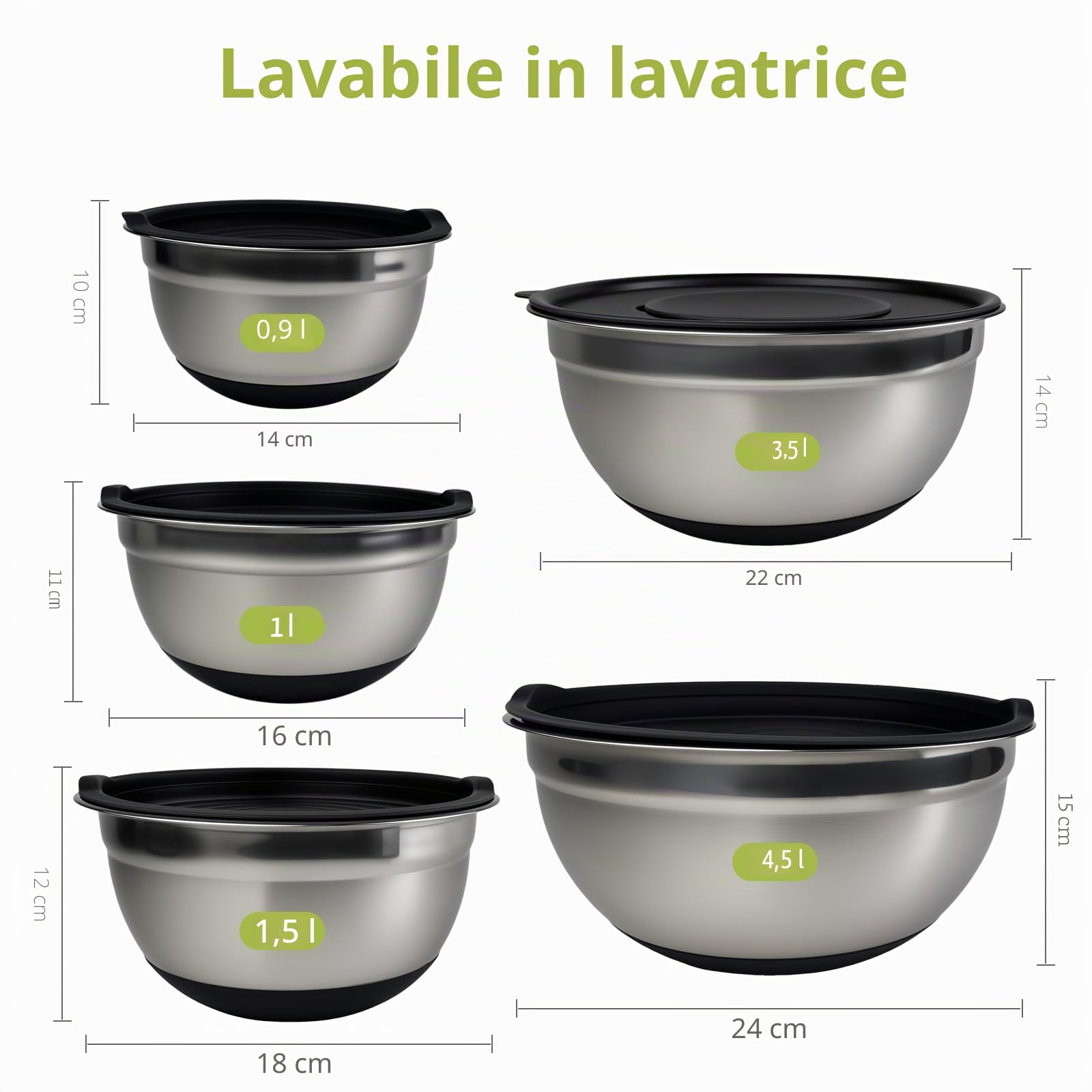Ciotole Acciaio Inox Cucina, Set 5 Pezzi Insalatiera Acciaio Inox con 3 Grattugie, Antiscivolo, 1L, 1.5L, 2L, 3L, 4.5L, Insalatiera Con Coperchio, Lavabili in Lavastoviglie, per Mescolare