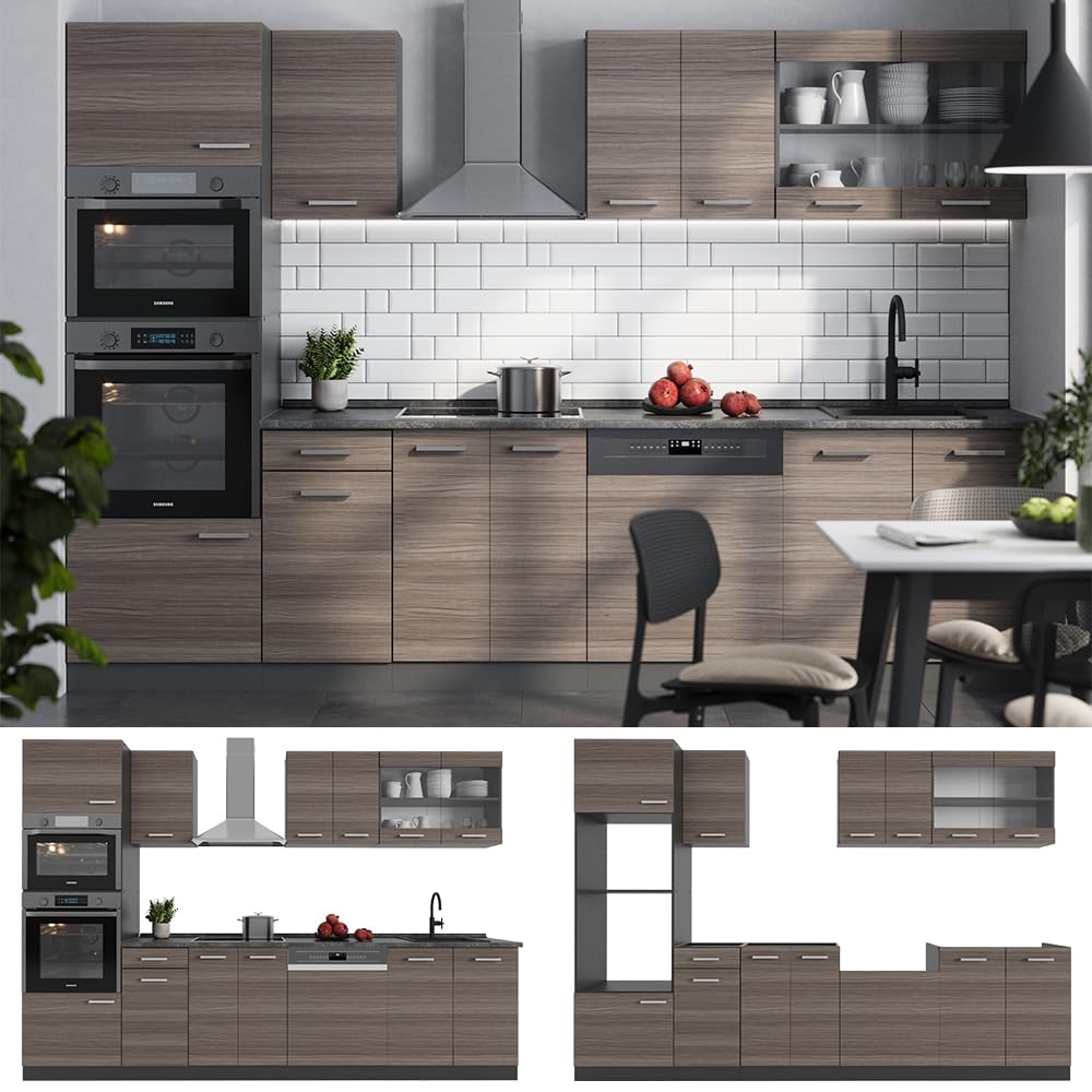 Vicco Cucina componibile R-Line, Grigio nobile, 300 cm con armadio alto, PL Antracite, adatto per combinazioni ed espansioni personalizzate