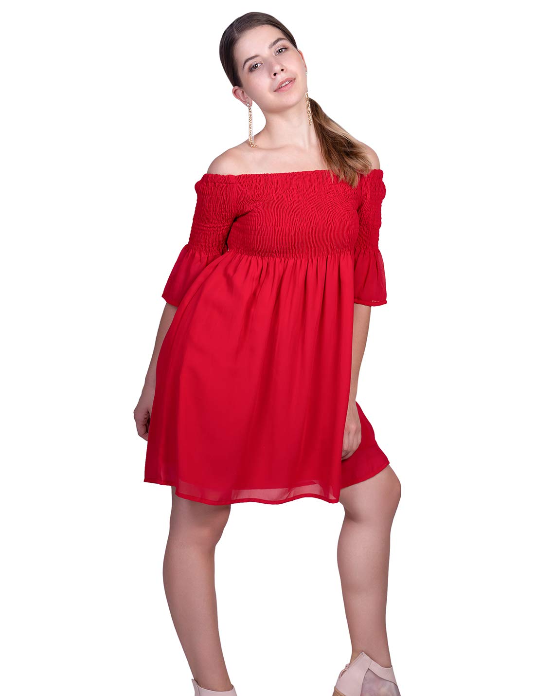 ORZELRed Smoking Off Shoulder Blouse Dress Latest Stylish Women Western Dresses Above Knee Length