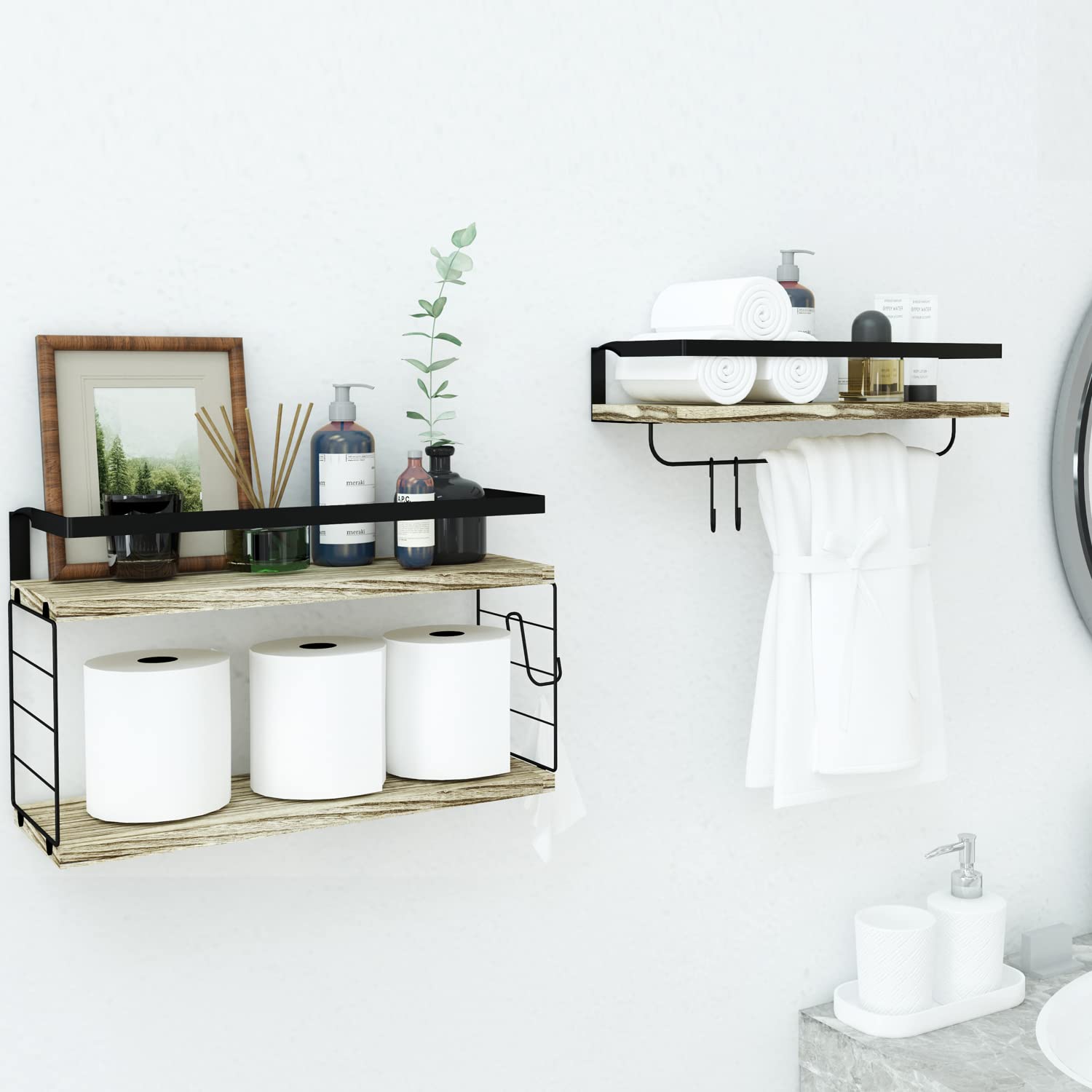 JOVONE Bathroom Shelves with Tissue Rack &Towel Bar, Wall Mounted Floating Shelves, Multifunctional Storage Rack for Bathroom, Kitchen, Bedroom and Living Room, Set of 2 (Carbonized Light Black)