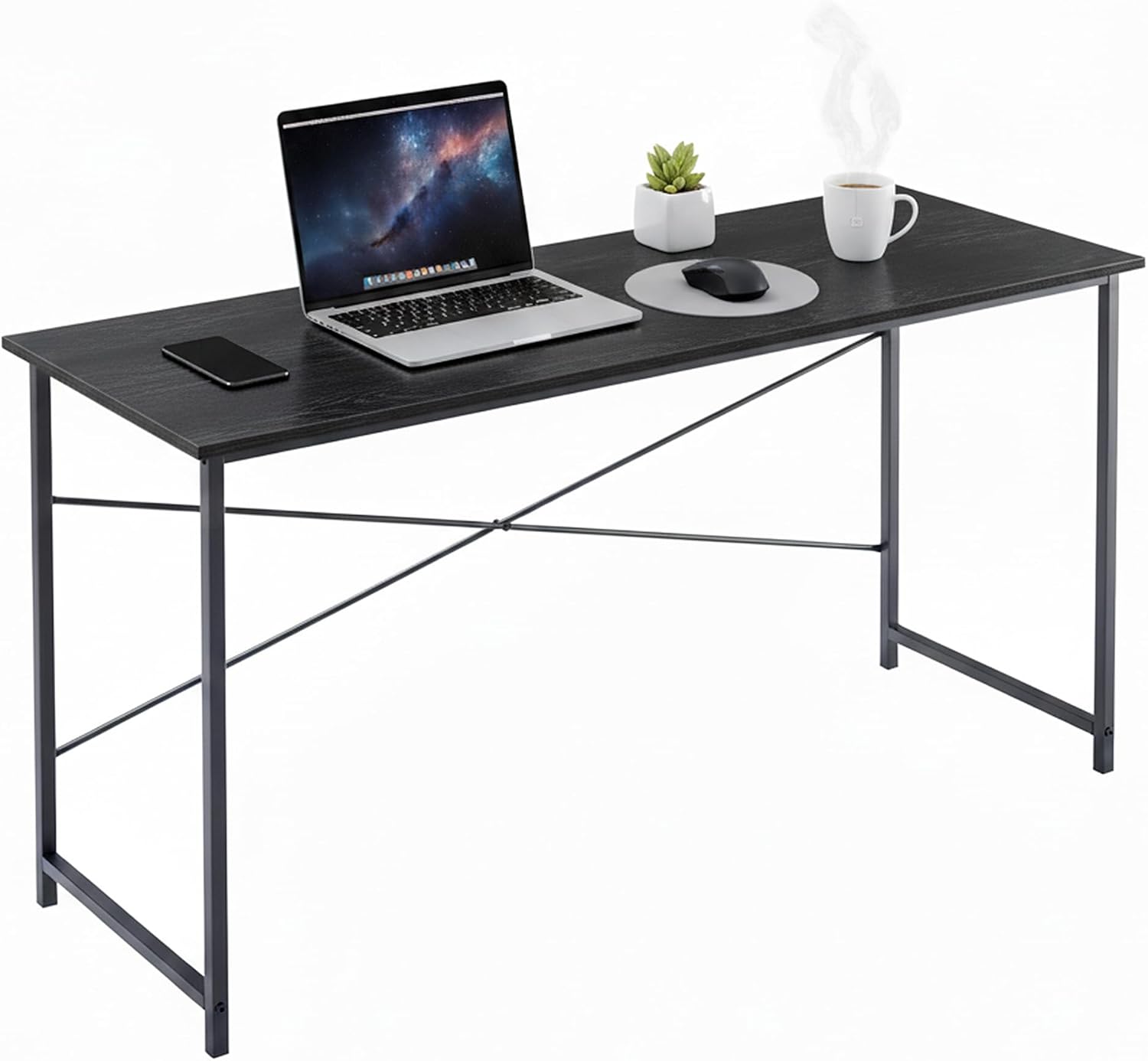 Computer Desk 63 Inch, Simple Large Home Office Desk Study Writing Table, Sturdy Metal Frame, Scratch-Resistant MDF Desktop for Bedroom Dorm Workspace, Black