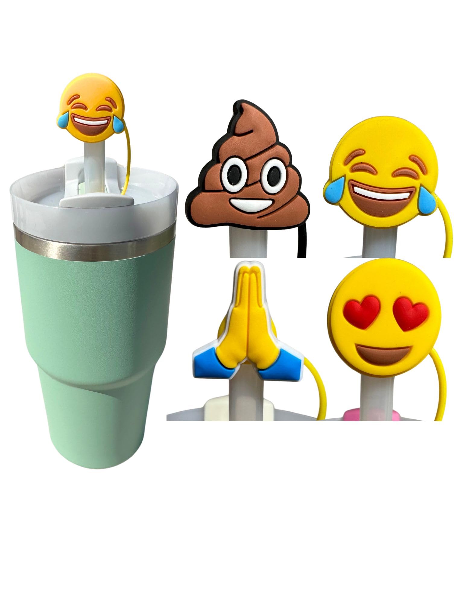 Straw Toppers Emoji 4 Pack Stanley Accessories Cute Funny Tumbler Straw Cover Accessories Straw Covers Cap Compatible with Stanley Cup 30 40 oz Tumbler Straw Topper Accessories, 10mm