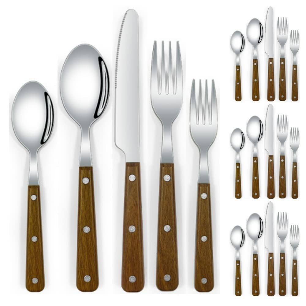 Cucina Addensato ABS Imitazione Venature Del Legno Manico Acciaio Inossidabile Posate Stoviglie Posate Set Coltello Da Bistecca Forchetta Cucchiaio Cucchiaino (B,20 pezzi)