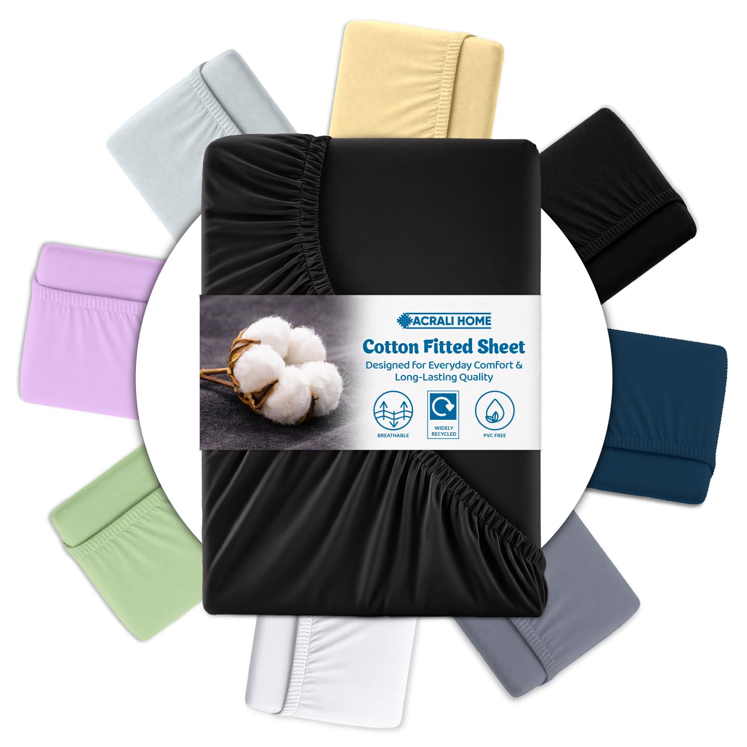 Acrali Home Black Egyptian Cotton Small Double Fitted Sheet 122x190 cm - 200 Thread Count, Deep Pocket - Ultra Soft Hotel Quality, Breathable & Hypoallergenic Bottom Bed Sheet