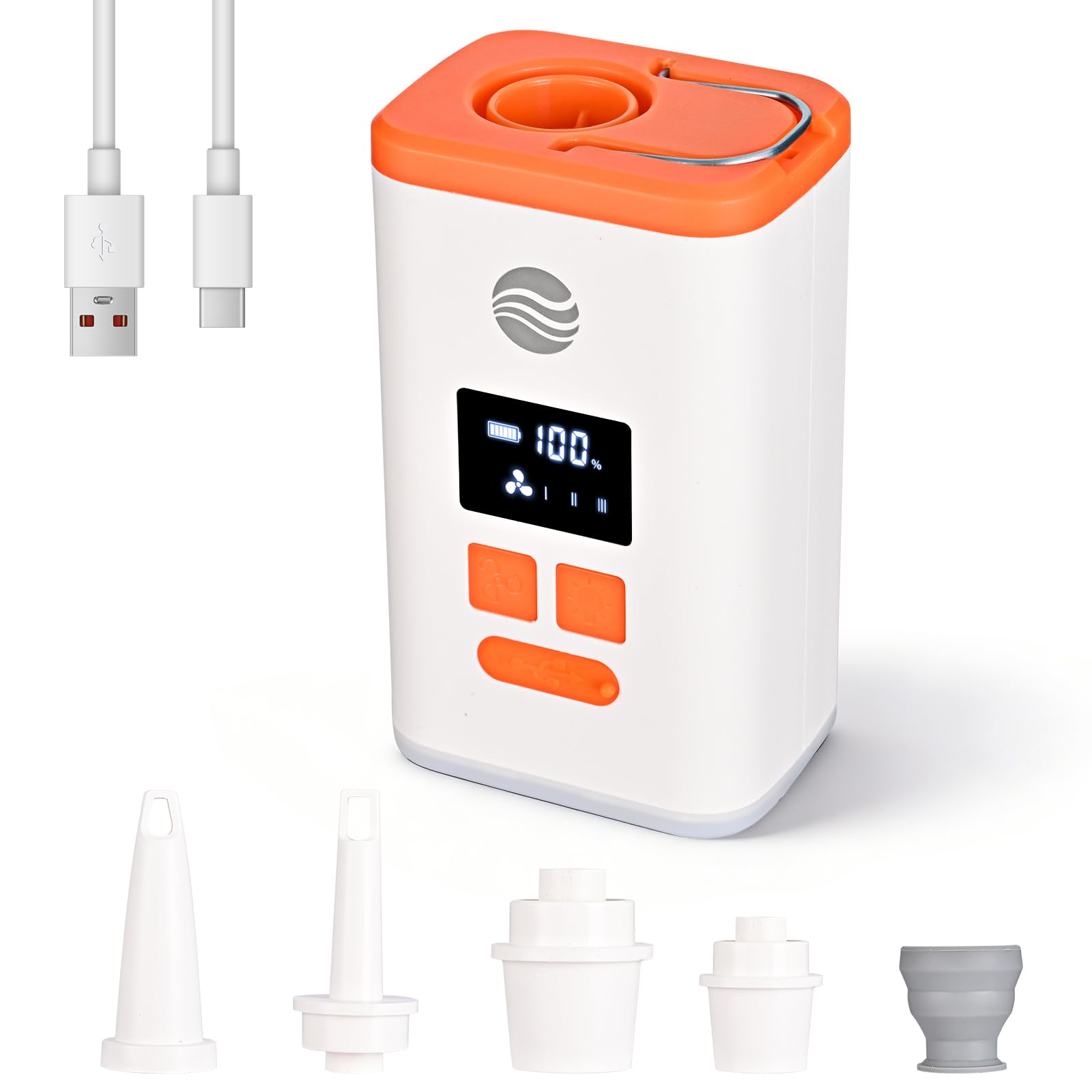 Mini Air Pump for Inflatables, Portable Electric Air Pump with Camping Light, 6 Universal Nozzles, Air Pump for Pool Float, Air Mattress Bed, Vacuum Bag
