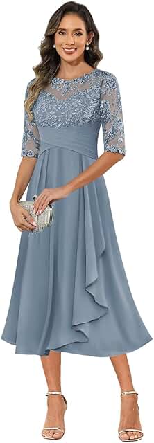 Mother of Bride Dresses for Women Tea Length Chiffon Lace Appliques A Li...