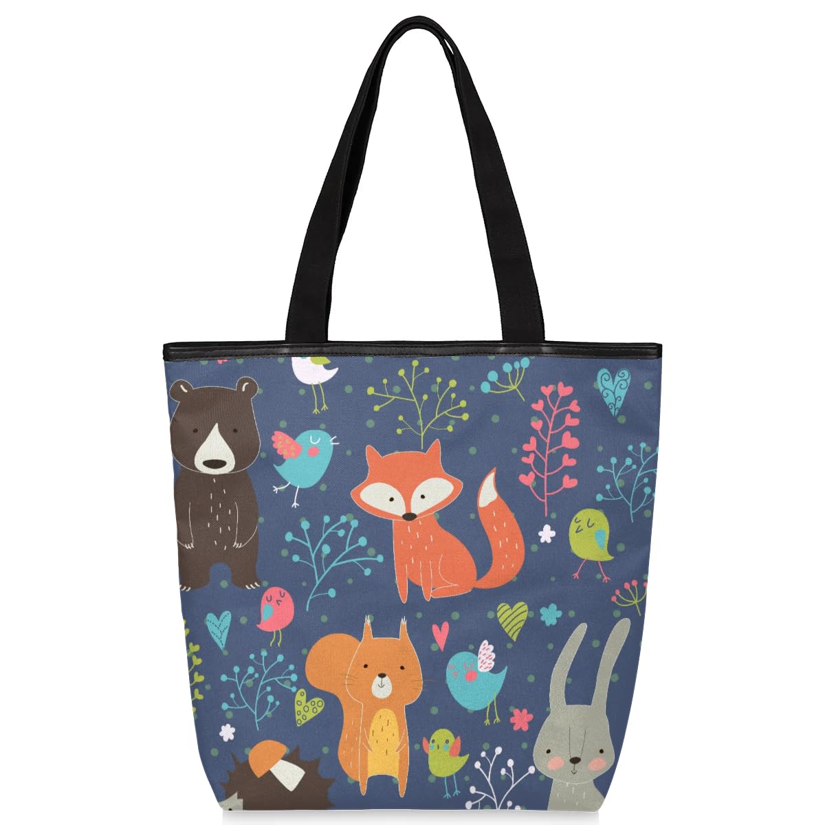 Mularoka Fox Rabbit Squirrel Canvas Tote Bag with Zipper and Pockets Canvas Tote Shopping Bag Women Reusable Grocery Bag for Beach Travel Gym Shopping