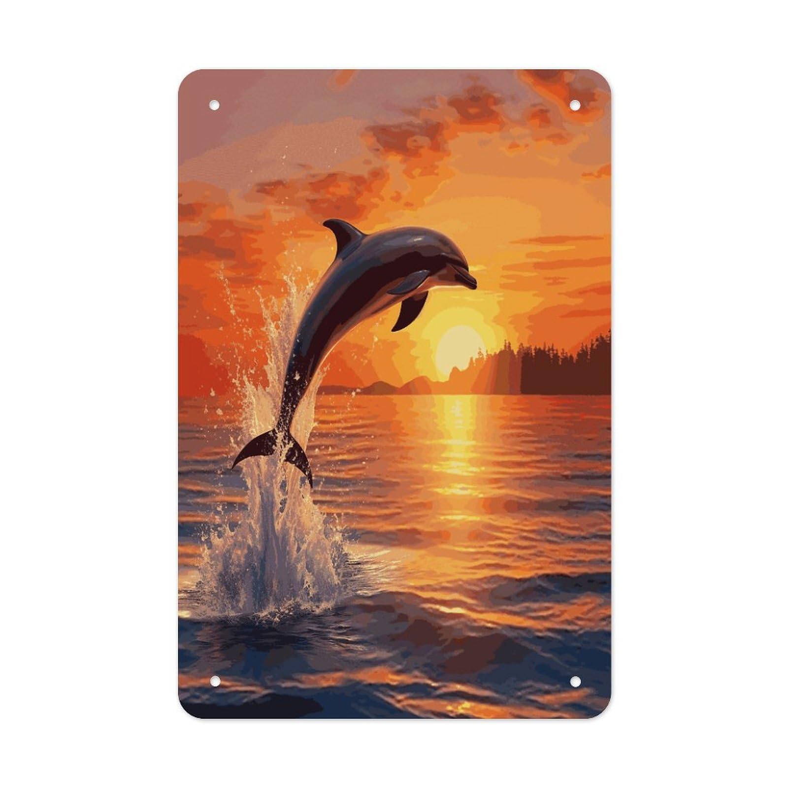 LDGSUPH Sunset Dolphin Wall Art Prints Folded Edge Iron Sheet Painting with Holes for Wall Prints Decorative Picture Metal Signboard Decor Painting for Outdoor Indoor Wall Decor