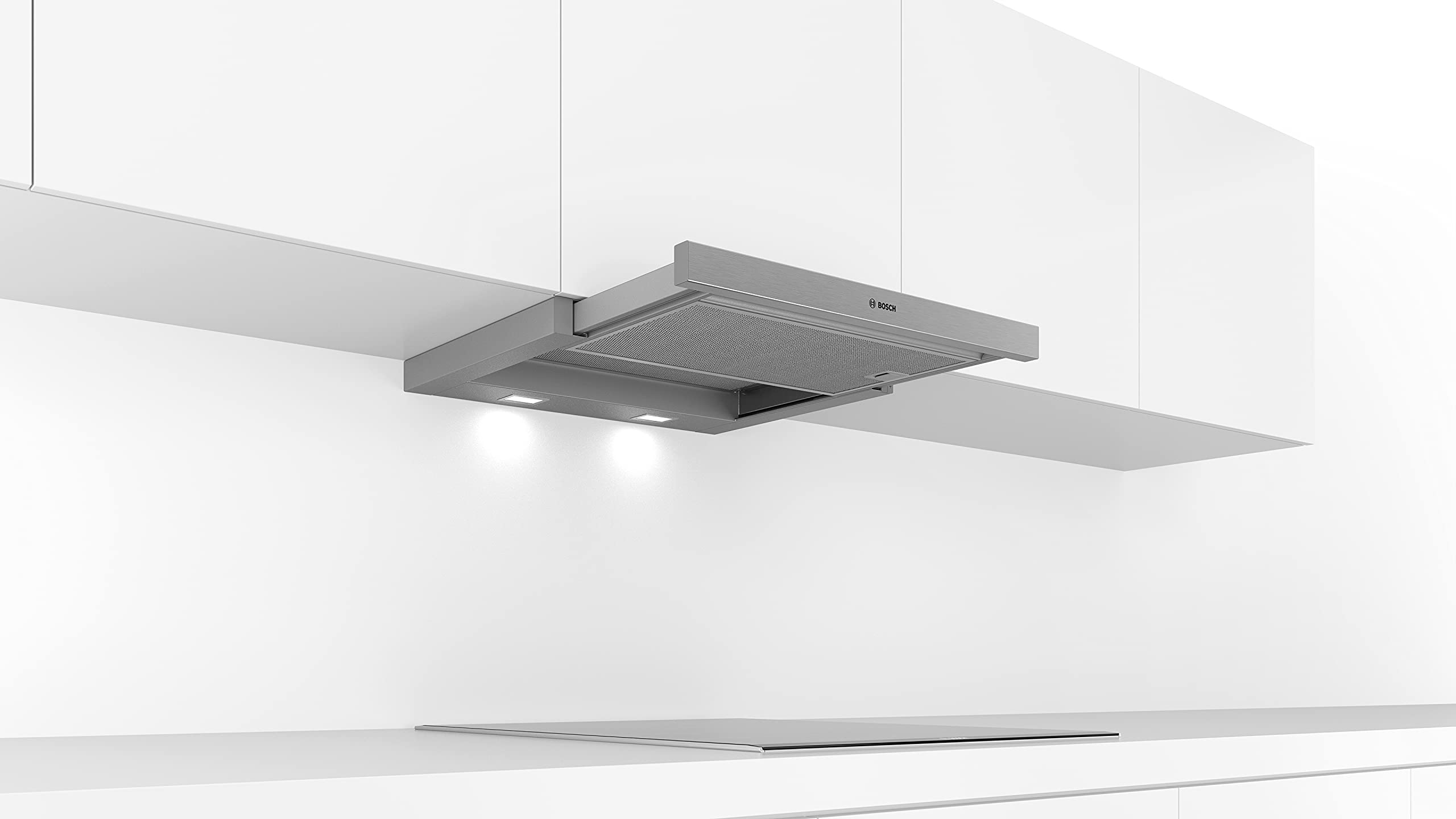 Bosch DFL064A52 Serie 4 - Campana de pantalla plana, 60 cm de ancho, circulación y salida de aire, fabricado en Alemania, motor EcoSilence Drive silencioso y eficiente, iluminación LED uniforme,