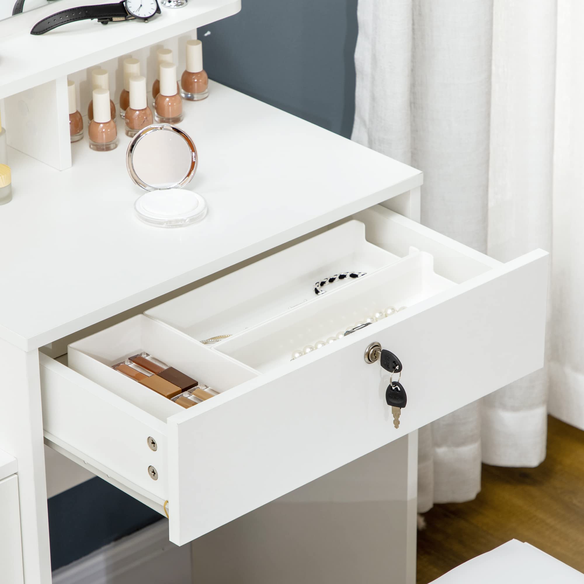 HOMCOM Ensemble de Coiffeuse Grand Miroir Tabouret Rembourré Blanc | Table de Maquillage, Plusieurs Étagères Ouvertes, 4 Tiroirs