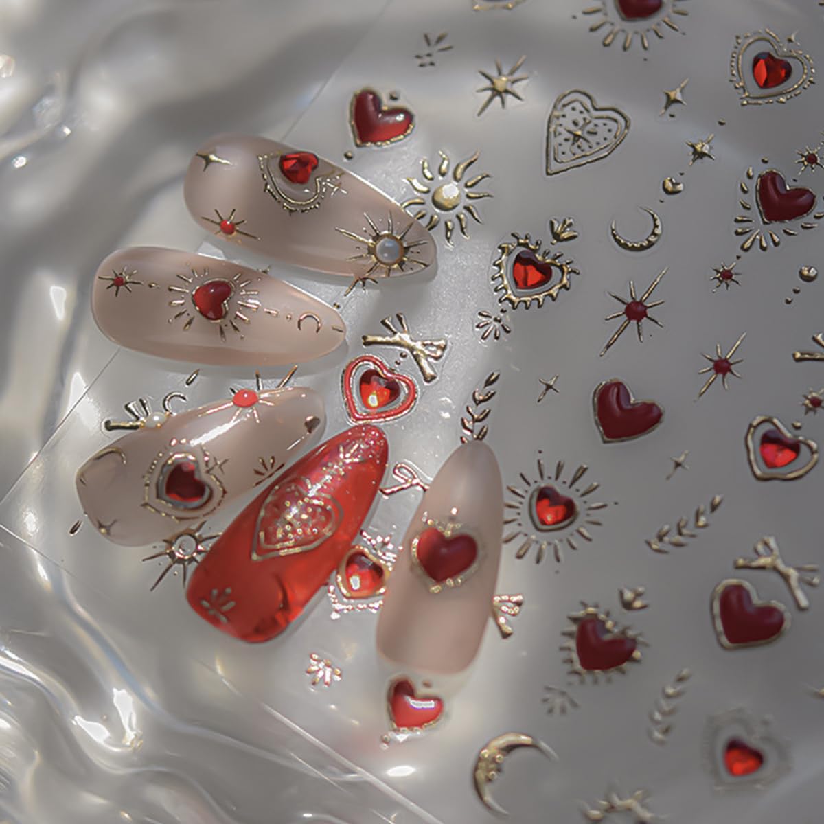 5D Embossed Heart Nail Stickers Valentines Nail Art Stickers Red Heart Nail Decals Gold Star Moon Stickers for Nails Designs Adhesive Nail Art