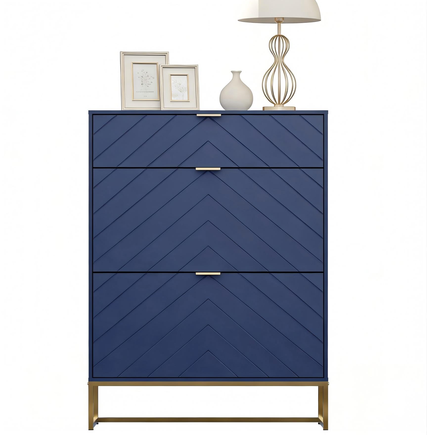 UEV Schuhschrank mit 3 Klappen schmal Schuhablage Schuhkommode Schuhregal Schuhkipper Platzsparend, mit Kippschutz/Trennwand verstellbar für Wohnzimmer Flur, 80x24x122cm, Blau