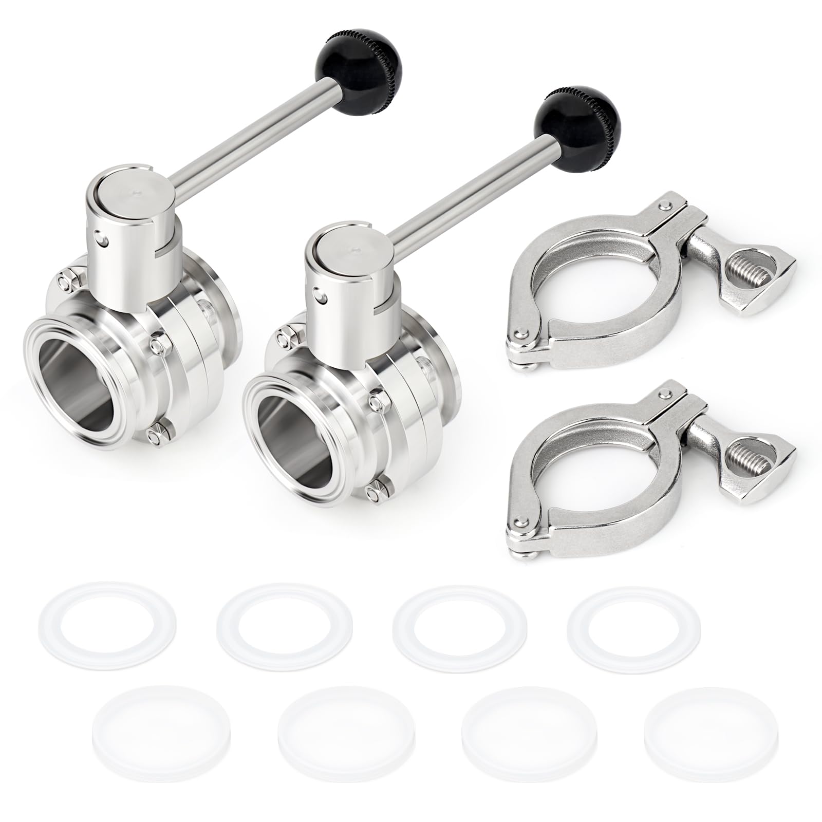 TAISHER 1 válvula de mariposa sanitaria de acero inoxidable 304 de 1.5 pulgadas con brida de virola de 50.5 mm con abrazadera triple de 2 pulgadas y junta de silicona