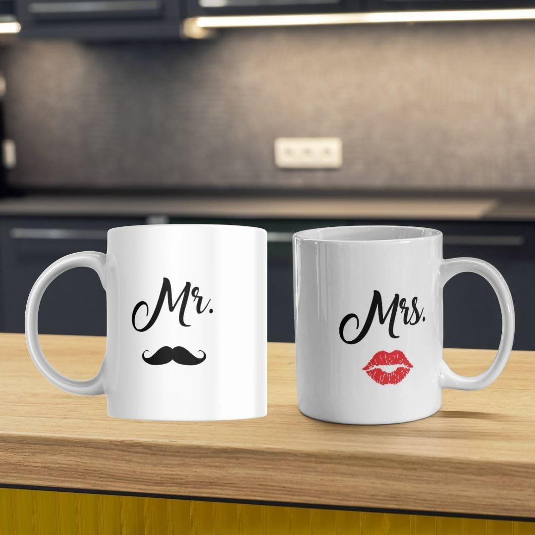 Mr and Mrs Coffee Mugs Set, Ceramic, White, 11oz/300ml Capacity, Microwave Safe, Glossy Finish, Wedding Couple Gift Set (Pack of 2)