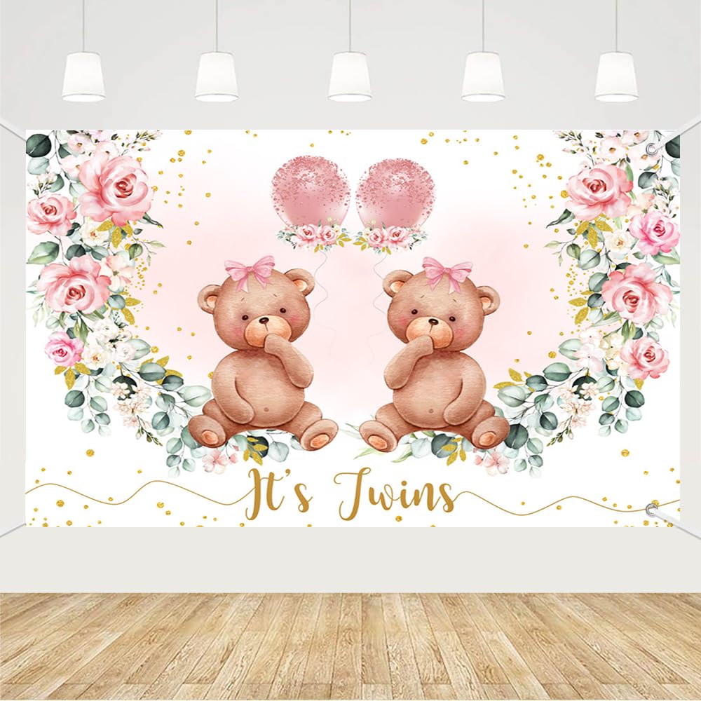 AIBIIN 7x5ft Twin Bear Girls Baby Shower Backdrop It's Twins Blush Pink Floral Birthday Party Decoration Photography Background Newborn Gender Reveal