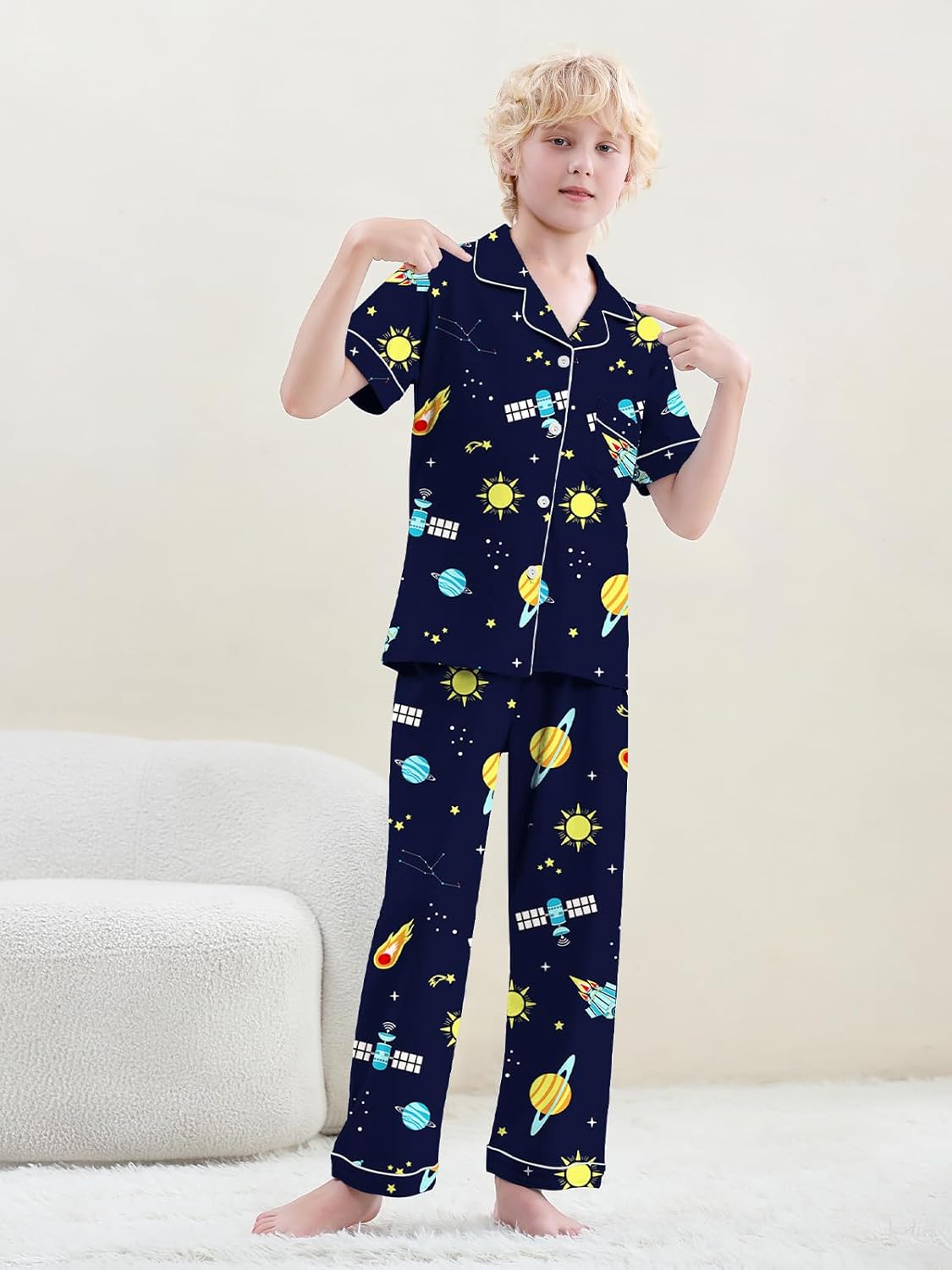Umeyda Boys 100% Cotton Pajamas Short Sleeve and Long Pants 2-Piece PJ Set Kid Sleepwear Ages 4-12