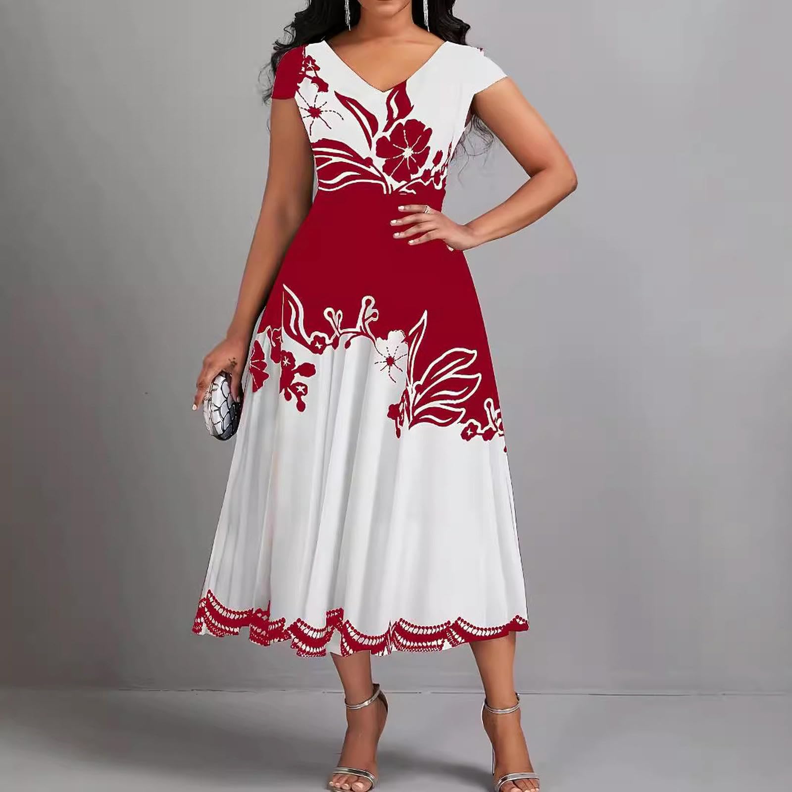 Damska sukienka z dekoltem w serek, plus size, falbany, obszycie, krótkie rękawy, rozkloszowana, trapezowa, swing, na co dzień, na imprezę, koktajl