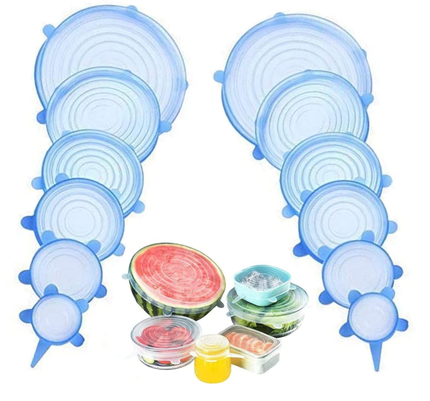 Sky-Touch Silicone Stretch Lids 12 Pack, Multi Size REUsable Durable Food Storage Covers For Bowls, Cups, Pots, Food Fresh Saver Cover (Blue)